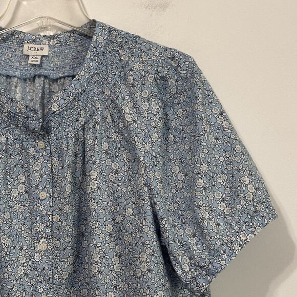 J Crew Blouse XXL Blue‎ Floral Print Puff Sleeve Button Front Preppy Linen Blend - Picture 3 of 9